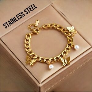 Stainless Steel Gilded Bracelet w/ Butterfly Pearl Pendant (BOXED)